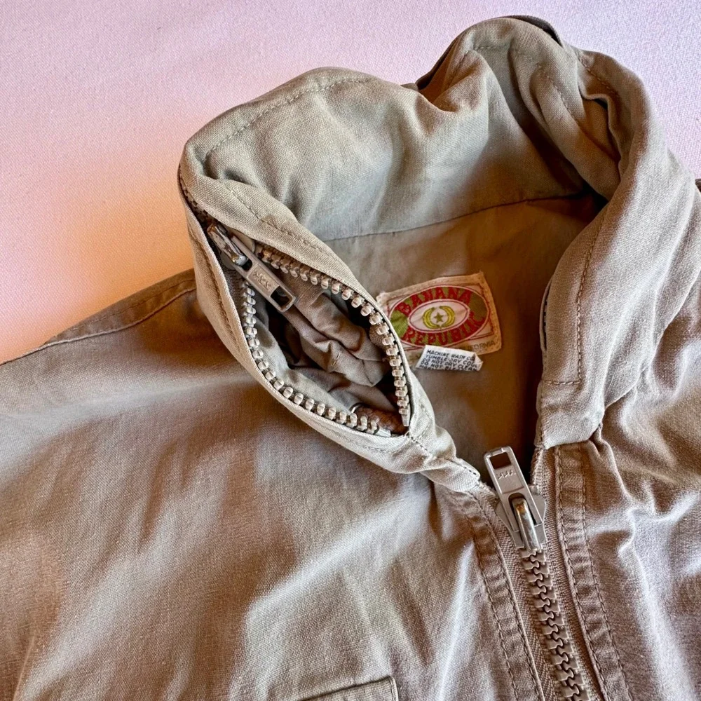 VTG Banana Republic Safari Utility Vest Tan Cotton XL Hood Photo Fishing Hunting